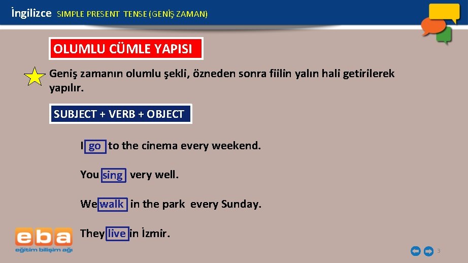 İngilizce SIMPLE PRESENT TENSE (GENİŞ ZAMAN) OLUMLU CÜMLE YAPISI Geniş zamanın olumlu şekli, özneden