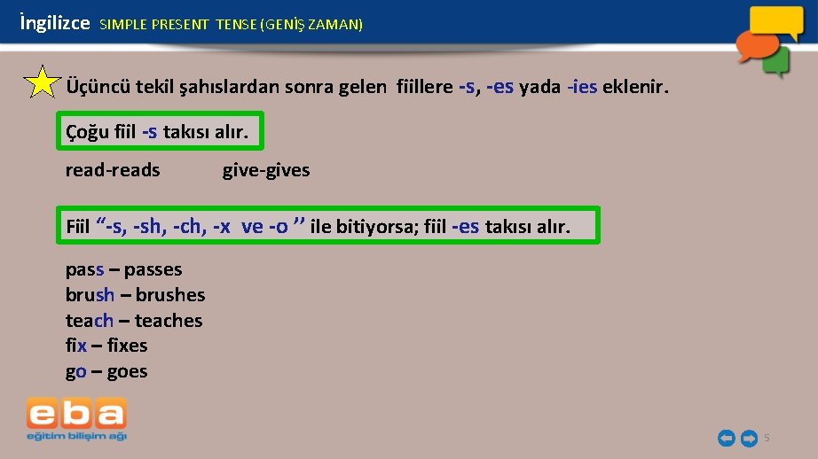 İngilizce SIMPLE PRESENT TENSE (GENİŞ ZAMAN) Üçüncü tekil şahıslardan sonra gelen fiillere -s, -es