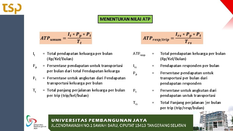 MENENTUKAN NILAI ATP It = Total pendapatan keluarga per bulan (Rp/Kel/Bulan) ATPresp = Total