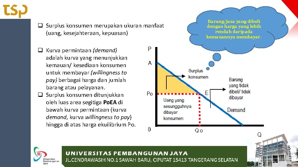 q Surplus konsumen merupakan ukuran manfaat (uang, kesejahteraan, kepuasan) q Kurva permintaan (demand) adalah