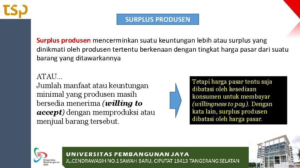 SURPLUS PRODUSEN Surplus produsen mencerminkan suatu keuntungan lebih atau surplus yang dinikmati oleh produsen