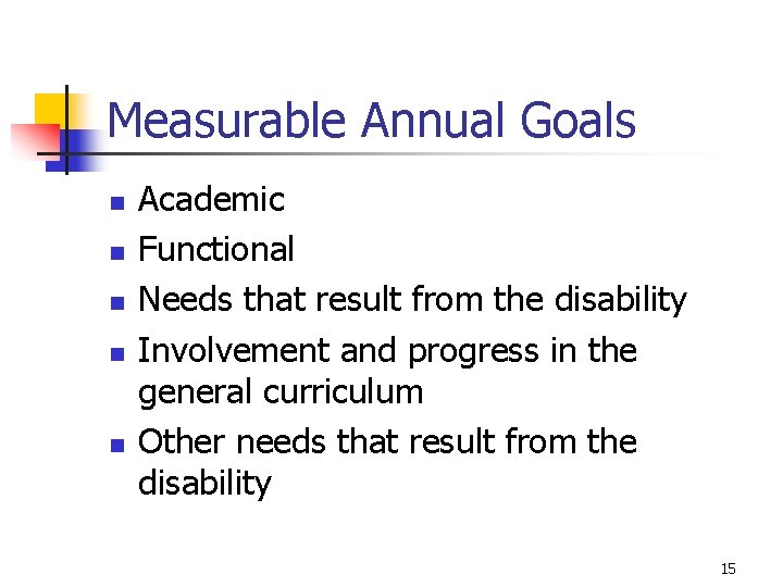 Measurable Annual Goals n n n Academic Functional Needs that result from the disability