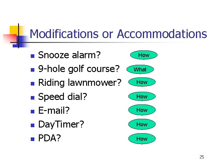 Modifications or Accommodations n n n n Snooze alarm? 9 -hole golf course? Riding