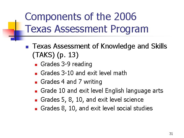 Components of the 2006 Texas Assessment Program n Texas Assessment of Knowledge and Skills