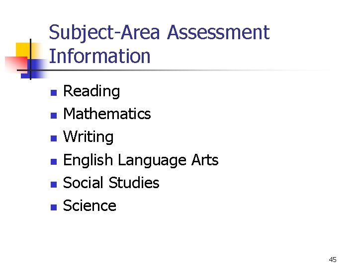 Subject-Area Assessment Information n n n Reading Mathematics Writing English Language Arts Social Studies