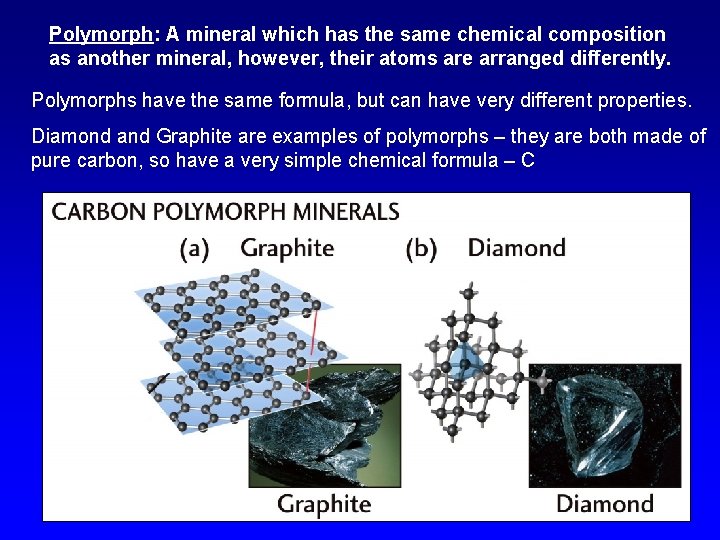 Polymorph: A mineral which has the same chemical composition as another mineral, however, their