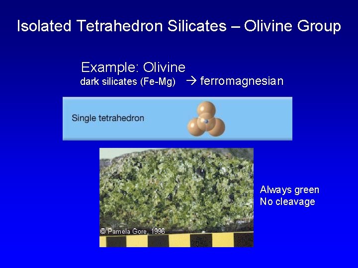 Isolated Tetrahedron Silicates – Olivine Group Example: Olivine dark silicates (Fe-Mg) ferromagnesian Always green