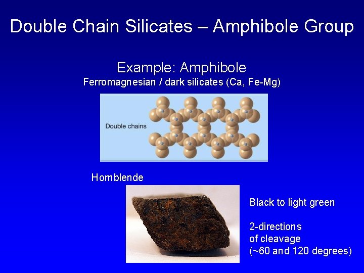 Double Chain Silicates – Amphibole Group Example: Amphibole Ferromagnesian / dark silicates (Ca, Fe-Mg)