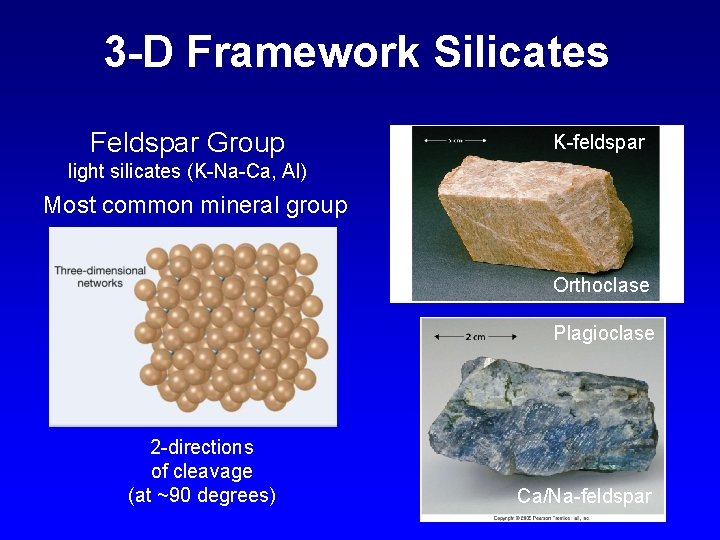 3 -D Framework Silicates Feldspar Group K-feldspar light silicates (K-Na-Ca, Al) Most common mineral