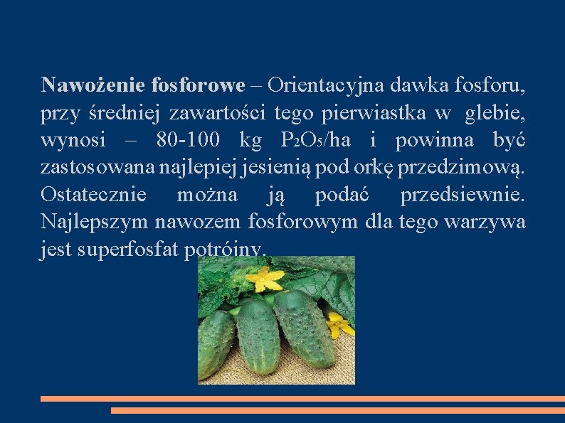 Nawożenie fosforowe – Orientacyjna dawka fosforu, przy średniej zawartości tego pierwiastka w glebie, wynosi