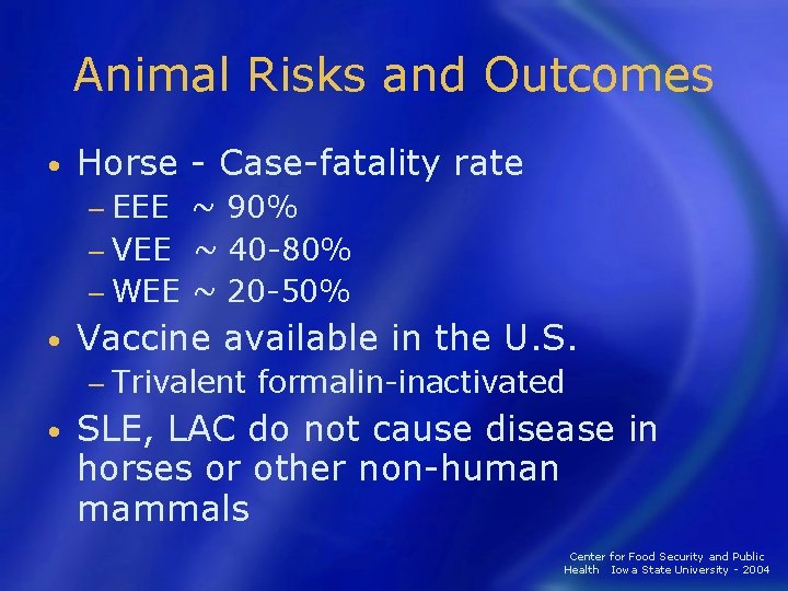 Animal Risks and Outcomes • Horse - Case-fatality rate − EEE ~ 90% −
