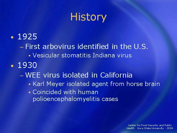 History • 1925 − First arbovirus identified in the § Vesicular stomatitis Indiana virus