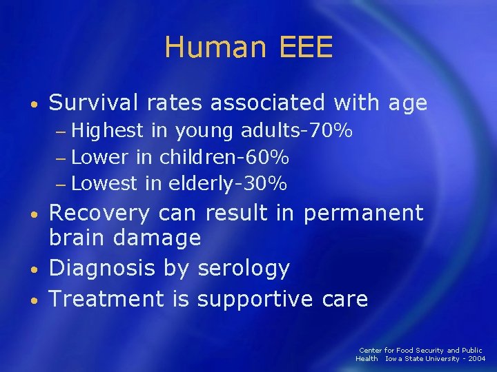 Human EEE • Survival rates associated with age − Highest in young adults-70% −