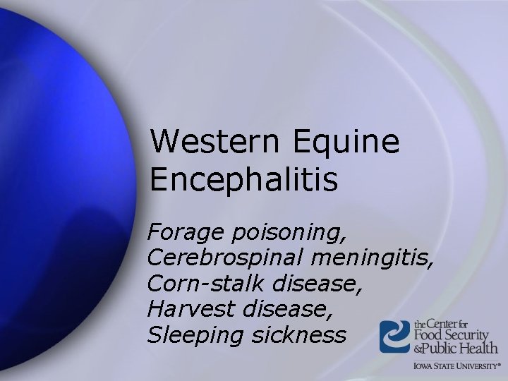 Western Equine Encephalitis Forage poisoning, Cerebrospinal meningitis, Corn-stalk disease, Harvest disease, Sleeping sickness 
