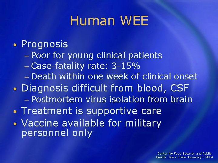 Human WEE • Prognosis − Poor for young clinical patients − Case-fatality rate: 3