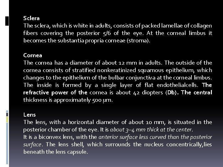 Sclera The sclera, which is white in adults, consists of packed lamellae of collagen