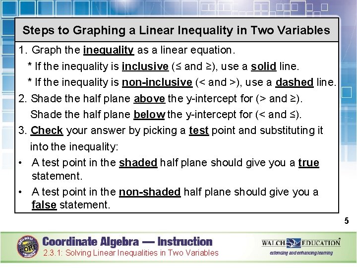 Steps to Graphing a Linear Inequality in Two Variables 1. Graph the inequality as