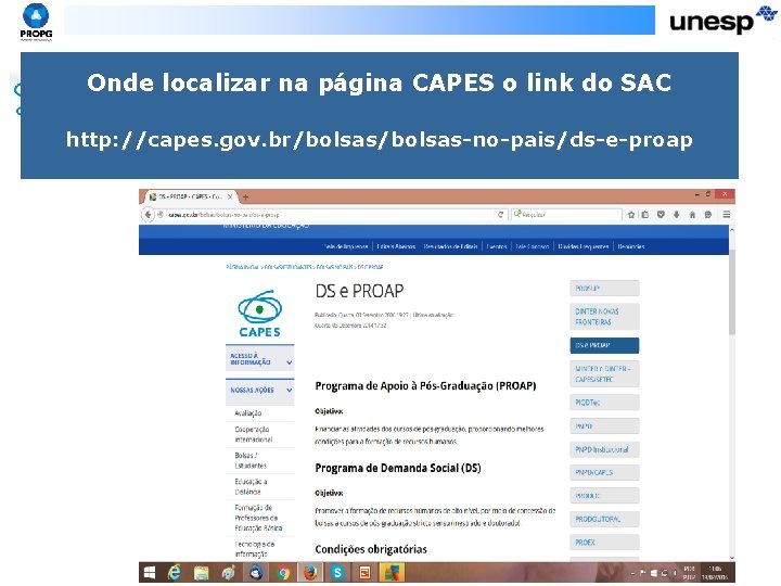 Onde localizar na página CAPES o link do SAC http: //capes. gov. br/bolsas-no-pais/ds-e-proap 