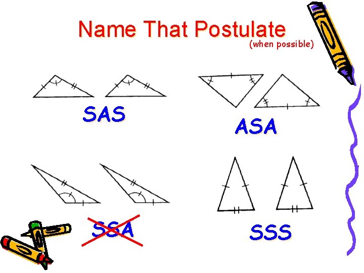 Name That Postulate (when possible) SAS SSA ASA SSS 
