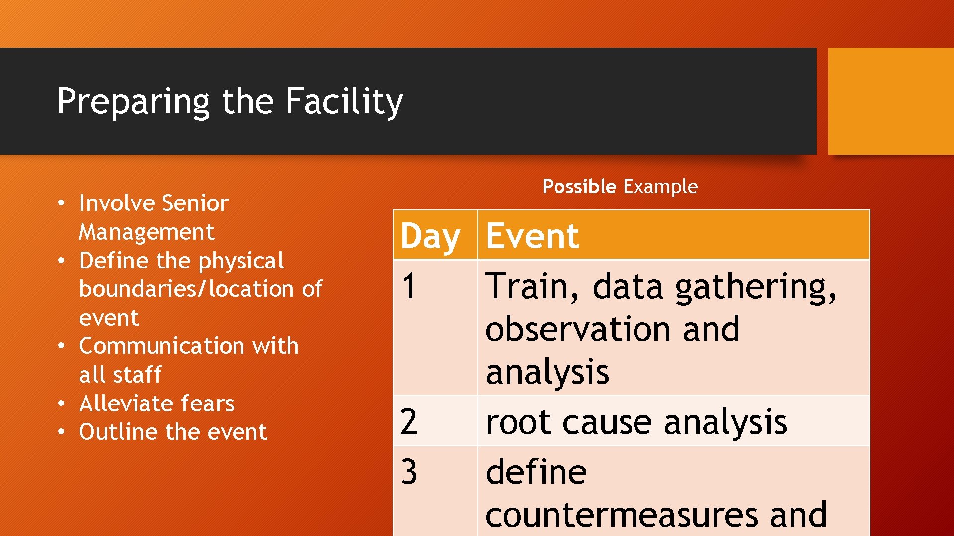 Preparing the Facility • Involve Senior Management • Define the physical boundaries/location of event Preparing the Facility • Involve Senior Management • Define the physical boundaries/location of event