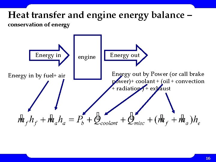 Heat transfer and engine energy balance – conservation of energy Energy in by fuel+ Heat transfer and engine energy balance – conservation of energy Energy in by fuel+