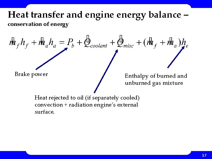 Heat transfer and engine energy balance – conservation of energy Brake power Enthalpy of Heat transfer and engine energy balance – conservation of energy Brake power Enthalpy of