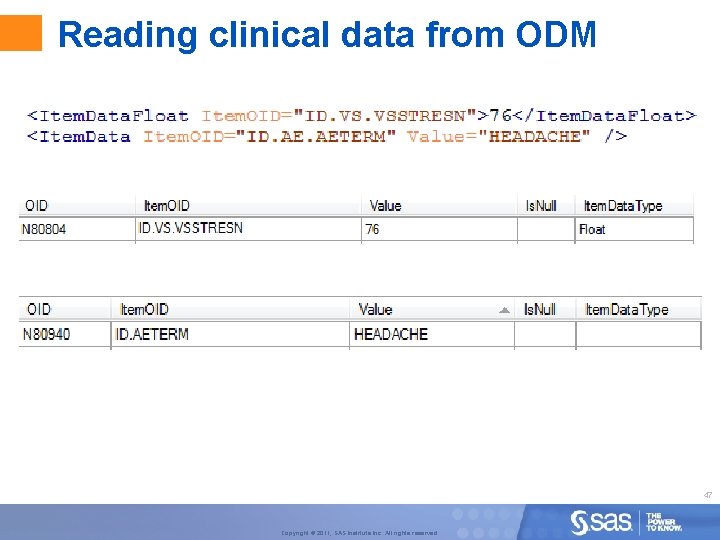 Reading clinical data from ODM 47 Copyright © 2011, SAS Institute Inc. All rights