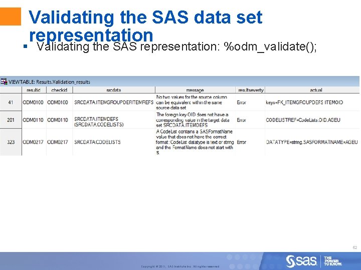 Validating the SAS data set representation § Validating the SAS representation: %odm_validate(); 52 Copyright