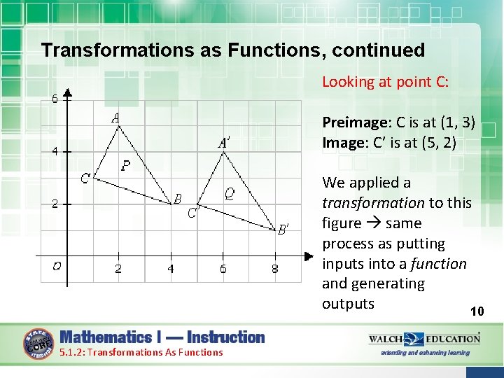 Transformations as Functions, continued Looking at point C: Preimage: C is at (1, 3)