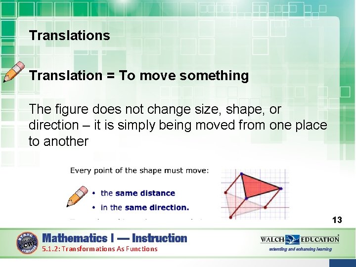 Translations Translation = To move something The figure does not change size, shape, or