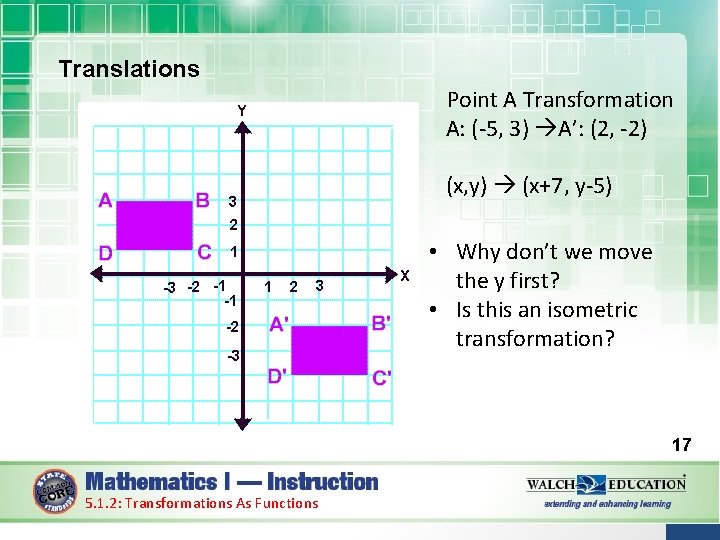 Translations Point A Transformation A: (-5, 3) A’: (2, -2) (x, y) (x+7, y-5)