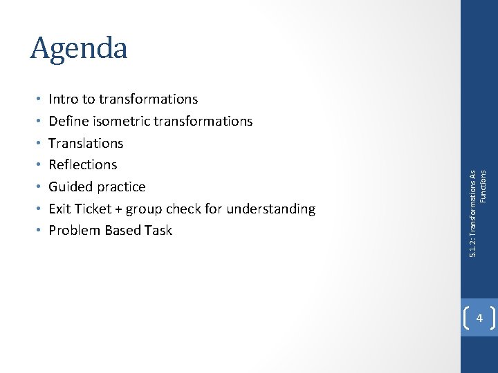  • • Intro to transformations Define isometric transformations Translations Reflections Guided practice Exit