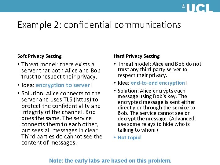 Example 2: confidential communications Soft Privacy Setting Hard Privacy Setting • Threat model: there