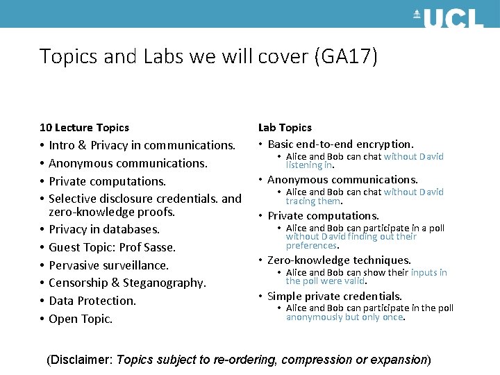 Topics and Labs we will cover (GA 17) 10 Lecture Topics • • •