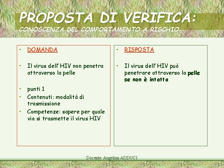 PROPOSTA DI VERIFICA: CONOSCENZA DEL COMPORTAMENTO A RISCHIO • DOMANDA • RISPOSTA • Il