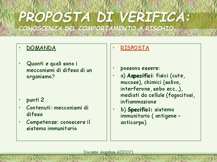 PROPOSTA DI VERIFICA: CONOSCENZA DEL COMPORTAMENTO A RISCHIO • DOMANDA • RISPOSTA • Quanti