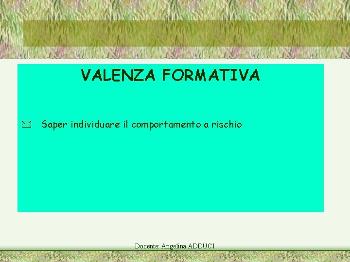 VALENZA FORMATIVA Saper individuare il comportamento a rischio Docente: Angelina ADDUCI 