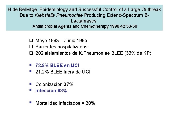 H. de Bellvitge. Epidemiology and Successful Control of a Large Outbreak Due to Klebsiella