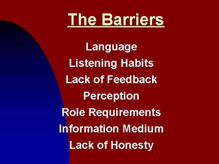 The Barriers Language Listening Habits Lack of Feedback Perception Role Requirements Information Medium Lack