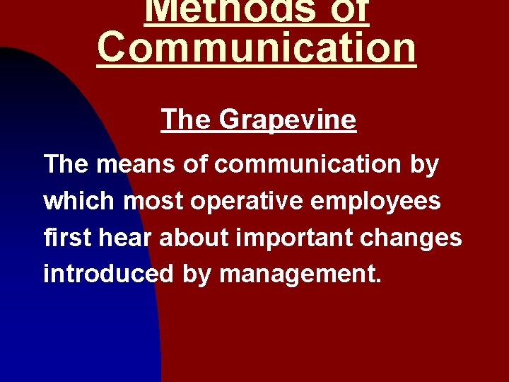 Methods of Communication The Grapevine The means of communication by which most operative employees