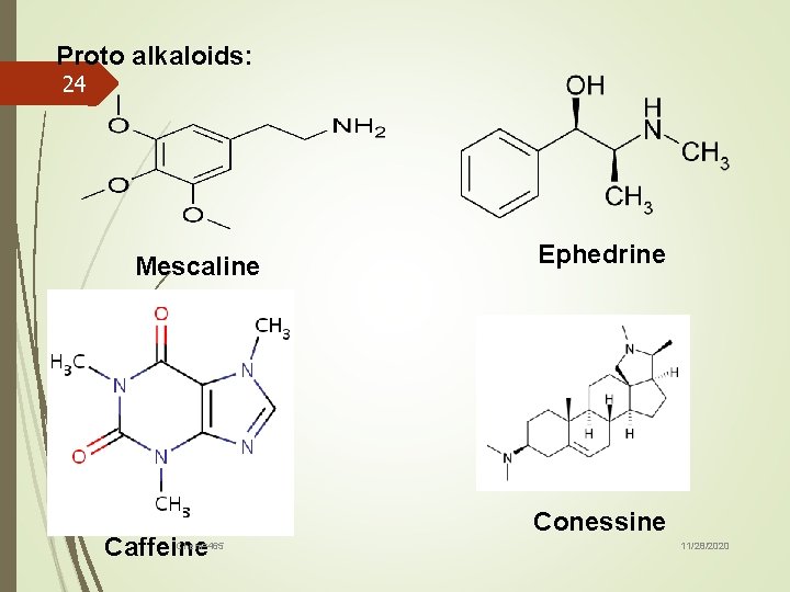 Proto alkaloids: 24 Mescaline Caffeine Chem=465 Ephedrine Conessine 11/28/2020 