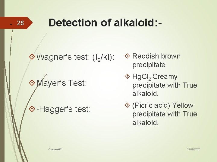 - 28 Detection of alkaloid: Wagner's test: (I 2/k. I): Reddish brown precipitate Mayer’s