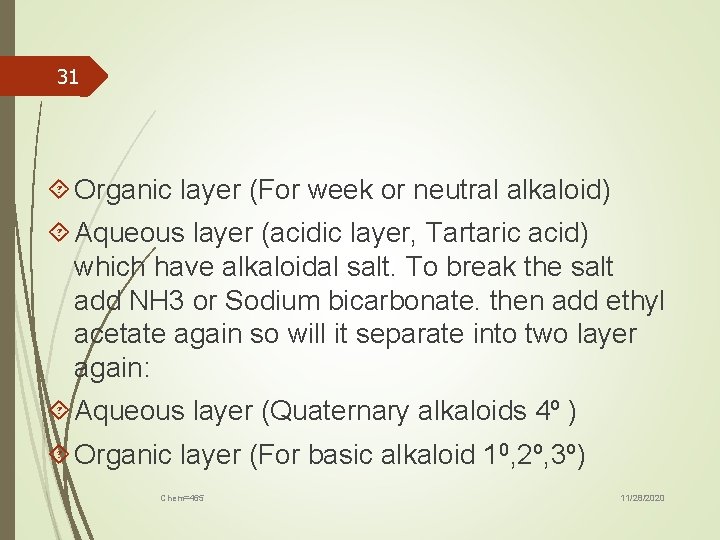 31 Organic layer (For week or neutral alkaloid) Aqueous layer (acidic layer, Tartaric acid)