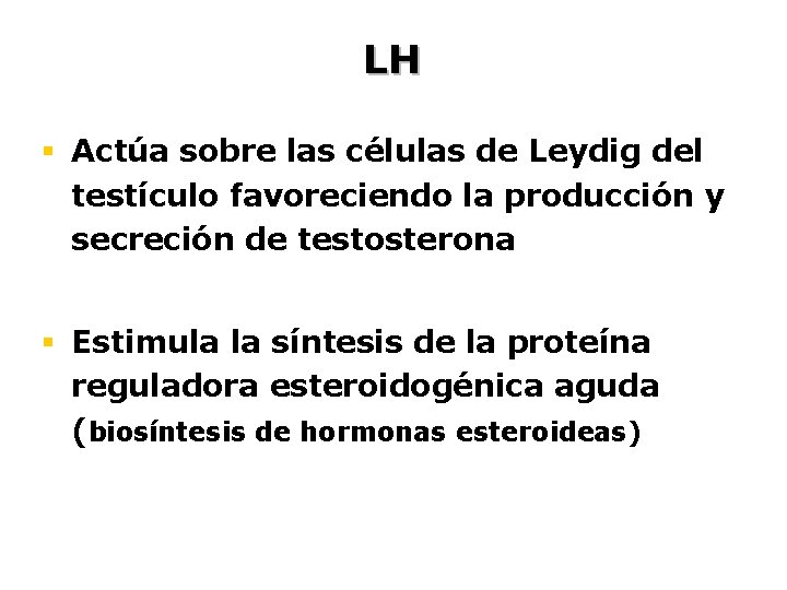 LH § Actúa sobre las células de Leydig del testículo favoreciendo la producción y