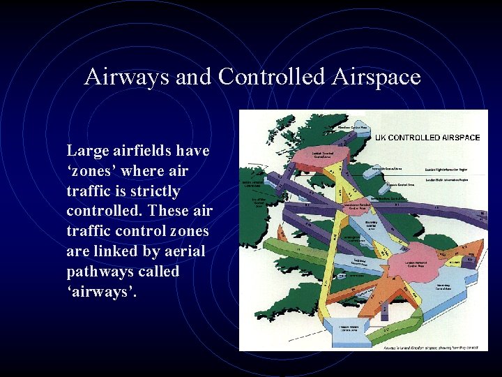 Airways and Controlled Airspace Large airfields have ‘zones’ where air traffic is strictly controlled.