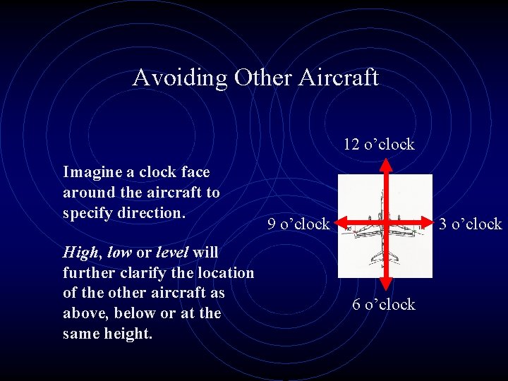 Avoiding Other Aircraft 12 o’clock Imagine a clock face around the aircraft to specify