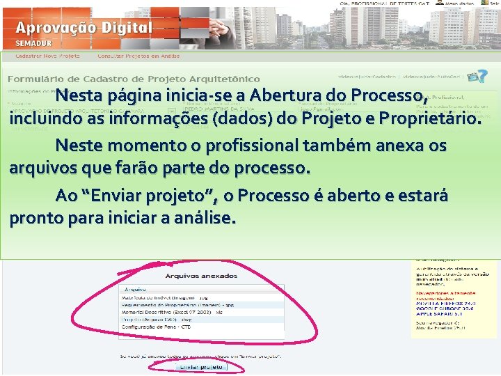 Nesta página inicia-se a Abertura do Processo, incluindo as informações (dados) do Projeto e