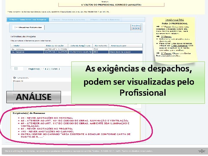 ANÁLISE As exigências e despachos, podem ser visualizadas pelo Profissional 