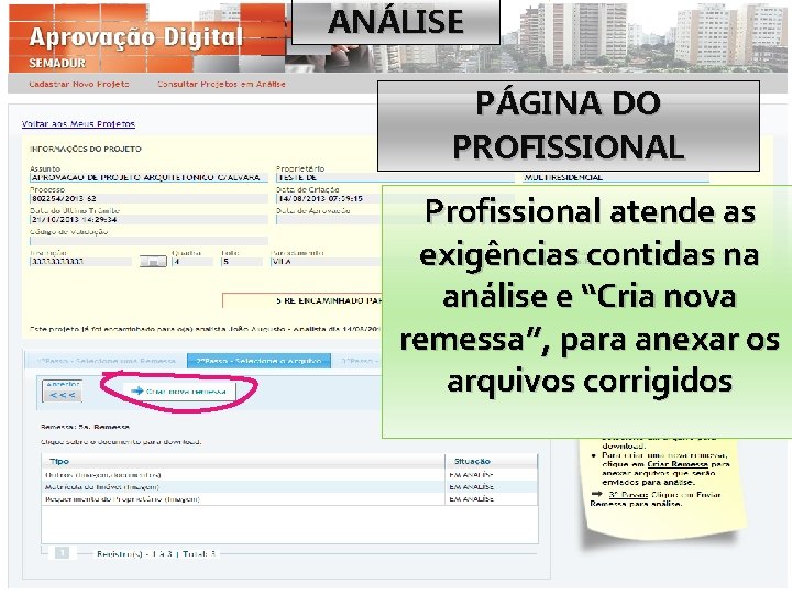 ANÁLISE PÁGINA DO PROFISSIONAL Profissional atende as exigências contidas na análise e “Cria nova