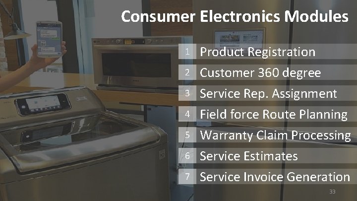 Consumer Electronics Modules 1 Product Registration 2 Customer 360 degree Service Rep. Assignment Field